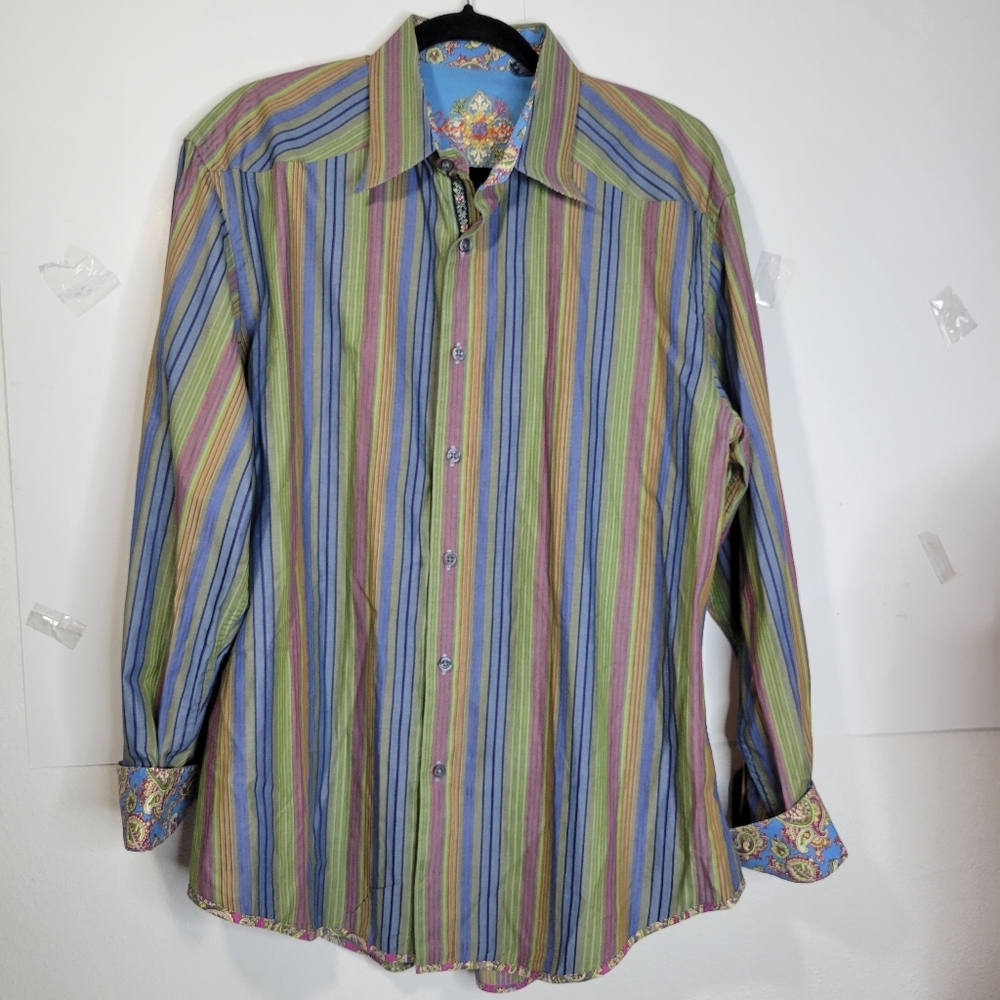 Mens Robert Graham Bold Stripe Multi color Paisley cuffs Long Sleeve Size XL